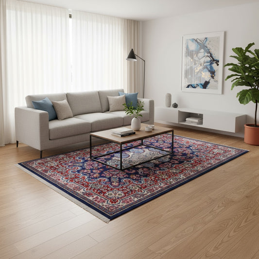 Tappeto Saruk annodato a mano, 204 x 129 cm, fondo blu con motivi floreali decorativi.