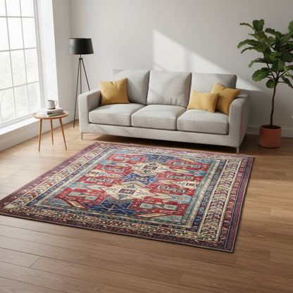 Tappeto Kazak afgano 247x215 cm con fondo rosso e disegno geometrico, annodato a mano in lana e cotone.