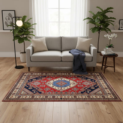 Tappeto Kazak afgano, rosso e beige con motivo geometrico, annodato a mano, 200x147 cm.