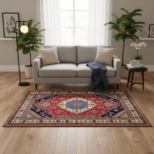 Tappeto Kazak afgano, rosso e beige con motivo geometrico, annodato a mano, 200x147 cm.