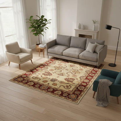 Tappeto Ziegler afgano 243x276 cm con campo beige floreale e cornice rossa decorata, annodato a mano in lana e cotone.