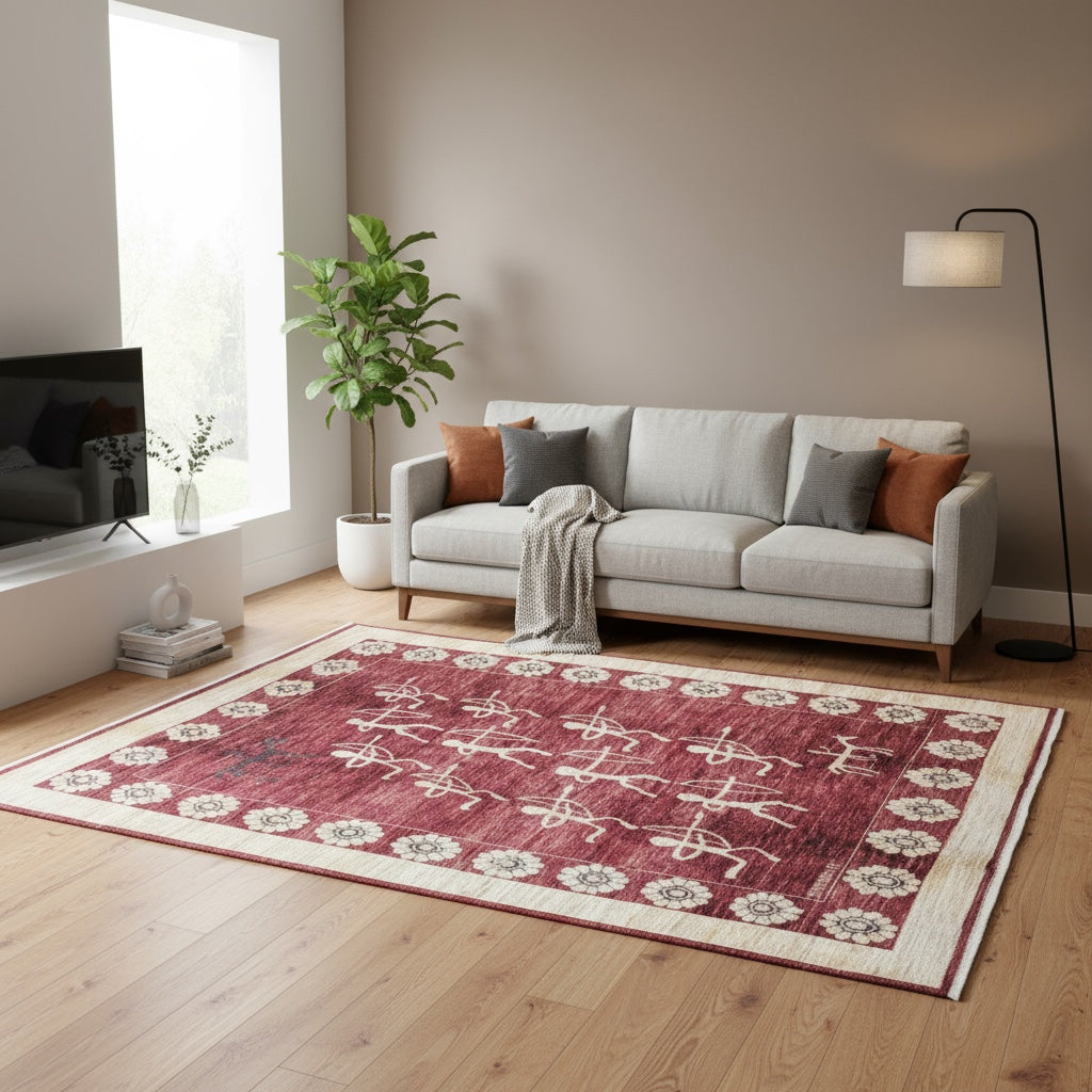 Tappeto moderno 230x172 cm Persia con fondo bordeaux, figure di arcieri in avorio e bordura floreale beige, annodato a mano in lana e cotone.