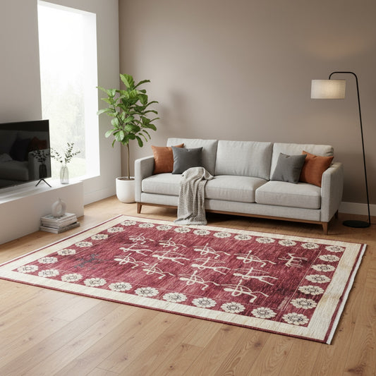 Tappeto moderno 230x172 cm Persia con fondo bordeaux, figure di arcieri in avorio e bordura floreale beige, annodato a mano in lana e cotone.