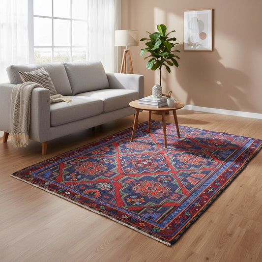 Tappeto Kilim Sumakh annodato a mano, 222 x 160 cm, motivo geometrico con tonalità blu e rosso, artigianato tradizionale turco.