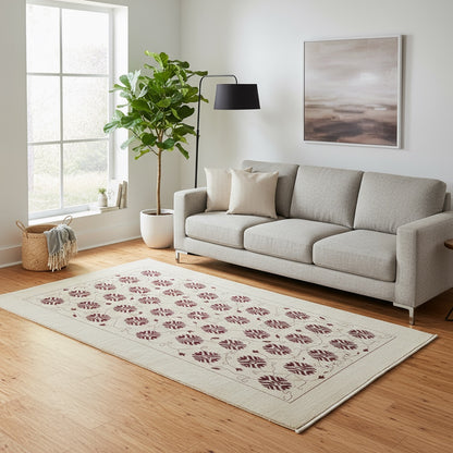 Tappeto Moderno persiano 273x167 cm con fondo avorio e motivi floreali rossi stilizzati, tramato ed annodato a mano.