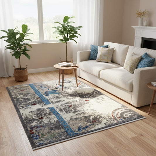 Tappeto moderno persiano 195x153 cm “Libertà: le Anatre che volano”, fondo beige con anatre in volo, lana con colori vegetali, annodato a mano.
