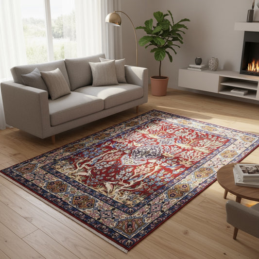 Tappeto Esfahan persiano “Giardino Incantato”, annodato a mano, fondo rosso melograno con alberi, cervi e uccelli, lana tinta vegetale, certificato di autenticità incluso.