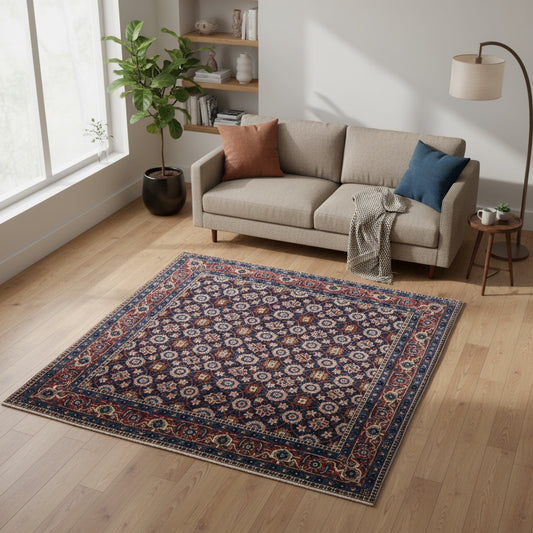 Tappeto Varamin 201x193 cm persiano annodato a mano, quasi quadrato, fondo blu con disegno floreale Mina Khani in rosa, avorio e azzurro, cornice rossa decorata.