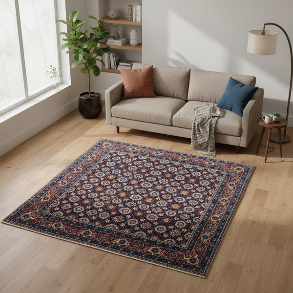 Tappeto Varamin 201x193 cm persiano annodato a mano, quasi quadrato, fondo blu con disegno floreale Mina Khani in rosa, avorio e azzurro, cornice rossa decorata.