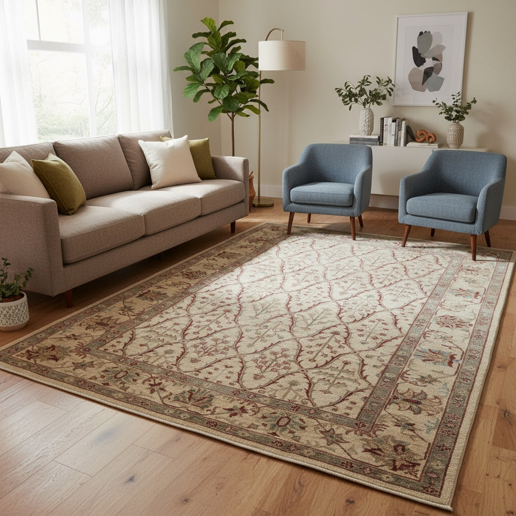 Tappeto Farahan 165x255 cm, annodato a mano in Persia. Fondo beige con motivi floreali in rosso e verde, lana pregiata e cotone resistente. Certificato di autenticità incluso.