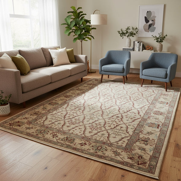 Tappeto Farahan 165x255 cm, annodato a mano in Persia. Fondo beige con motivi floreali in rosso e verde, lana pregiata e cotone resistente. Certificato di autenticità incluso.