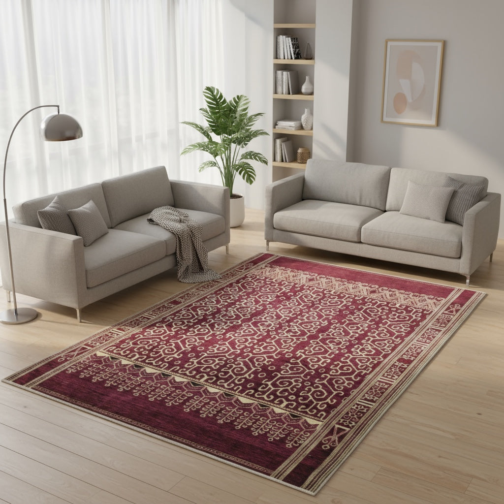 Tappeto Moderno persiano 271x183 cm con fondo bordeaux e motivi geometrici beige, tramato ed annodato a mano.