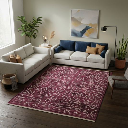 Tappeto moderno 225x178 cm Persia con fondo bordeaux e motivi floreali in avorio, annodato a mano in lana e cotone.
