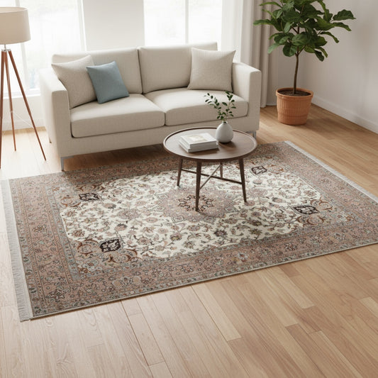 Tappeto Tabriz 60 Raj 206x151 cm, annodato a mano in Persia, fondo beige con disegno floreale dettagliato, lana mista seta tinta vegetale, certificato di autenticità incluso.