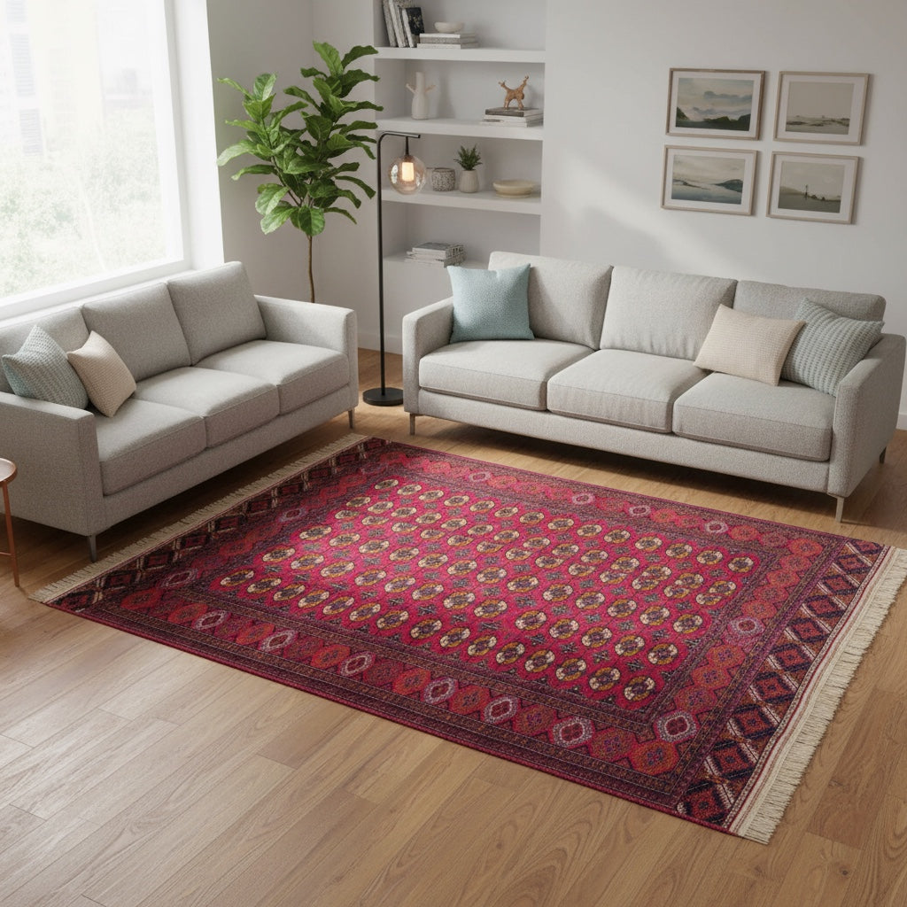 Tappeto Moderno persiano 273x167 cm con fondo avorio e motivi floreali rossi stilizzati, tramato ed annodato a mano.