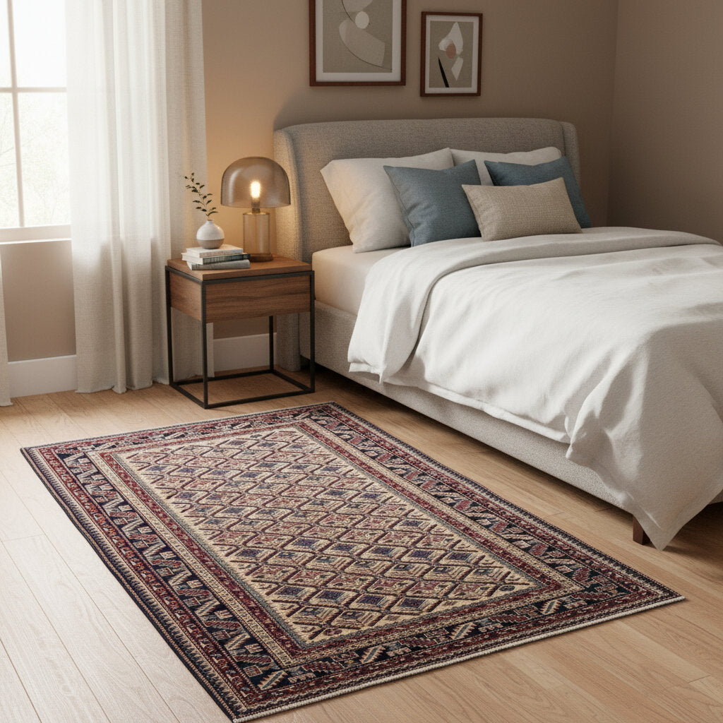 Tappeto Shirvan 167x122 cm in lana annodata a mano, fondo chiaro con rombi geometrici e cornice caucasica.