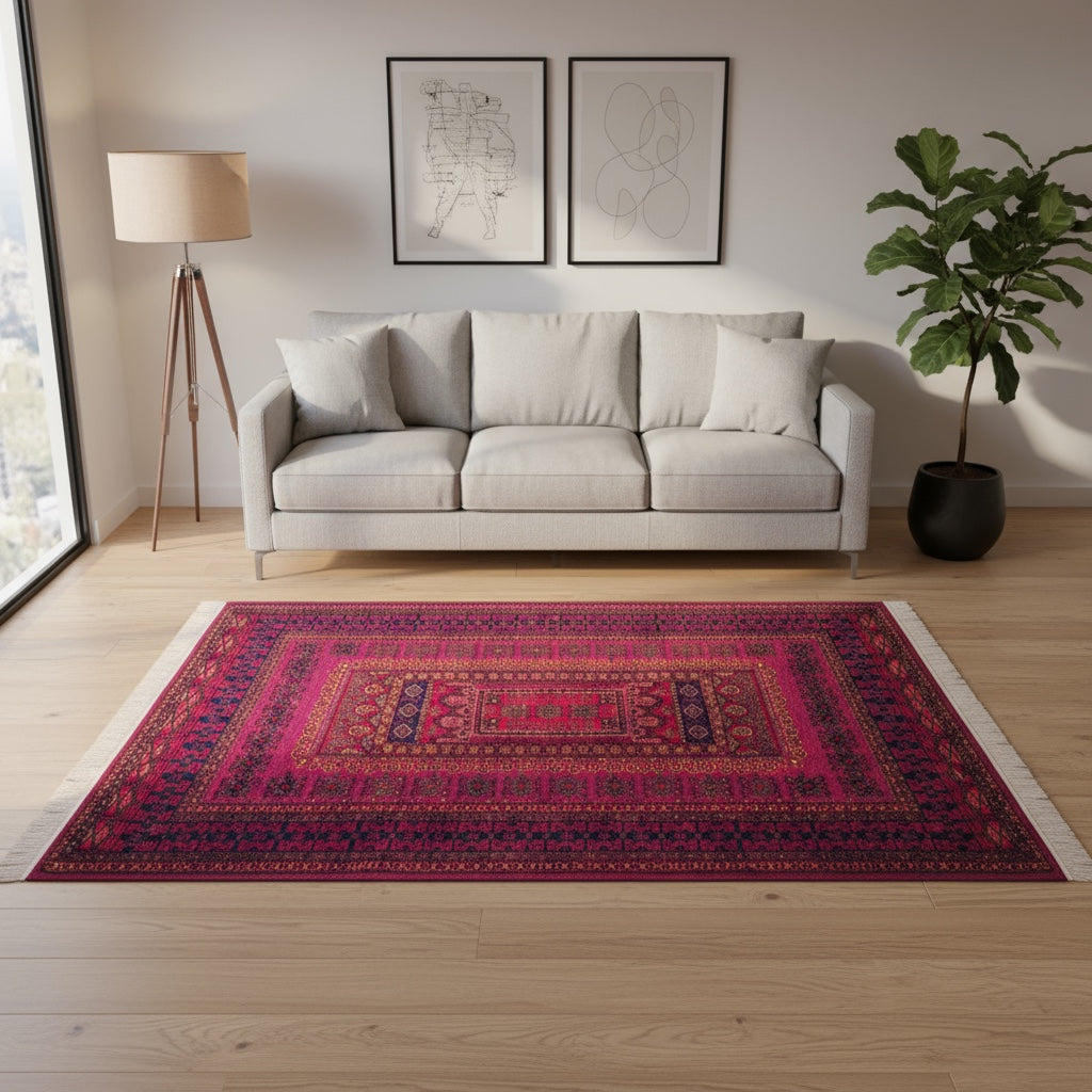 Tappeto Turkemen 278x185 cm con motivo geometrico ricco di rosa, blu e giallo, annodato a mano con lana di alta qualità e ordito in cotone resistente.