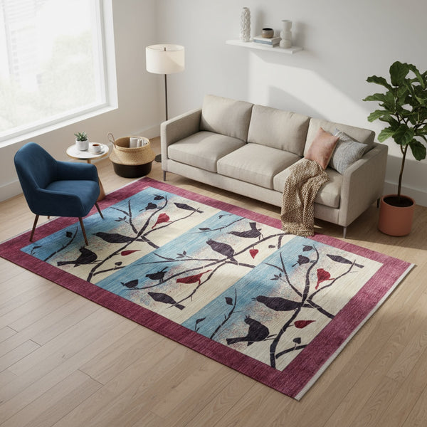 Tappeto Moderno Natura Celeste 262x180 cm beige e celeste, annodato a mano con cotone e lana vegetale in Persia. Certificato di autenticità incluso.