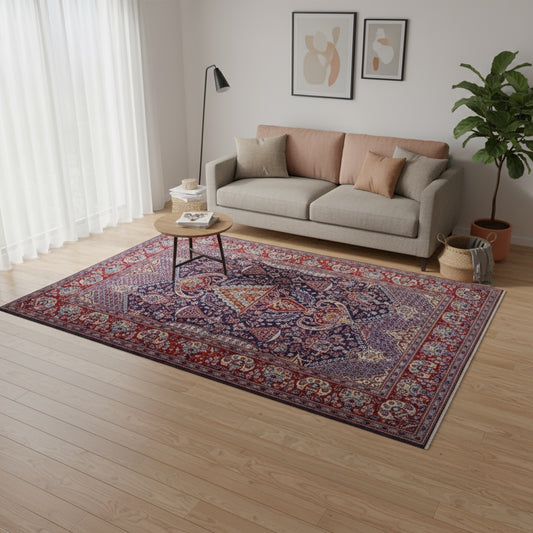 Tappeto Saruk annodato a mano, 225 x 145 cm, fondo blu, Albero della Vita decorativo, artigianato persiano tradizionale.