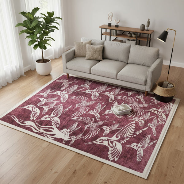 Tappeto moderno 233x177 cm Persia con fondo bordeaux e motivi di uccelli in avorio, annodato a mano in lana e cotone.