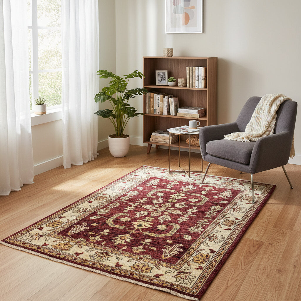 Tappeto persiano Farahan 175x124 cm rosso e beige per ingresso raffinato.