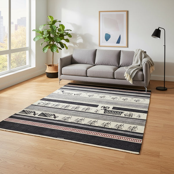 Tappeto Moderno 291x205 cm con fasce in nero, grigio e avorio e motivi stilizzati pastorali, tramato ed annodato a mano, provenienza Afghanistan.