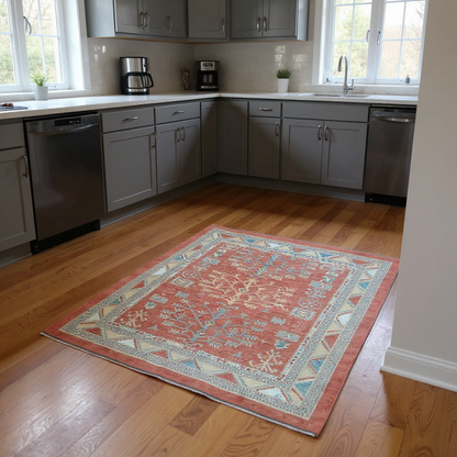 Tappeto Ziegler 248x230 cm con fondo rosso, Albero della Vita e bordure geometriche azzurre e avorio, tramato ed annodato a mano, provenienza Afghanistan.