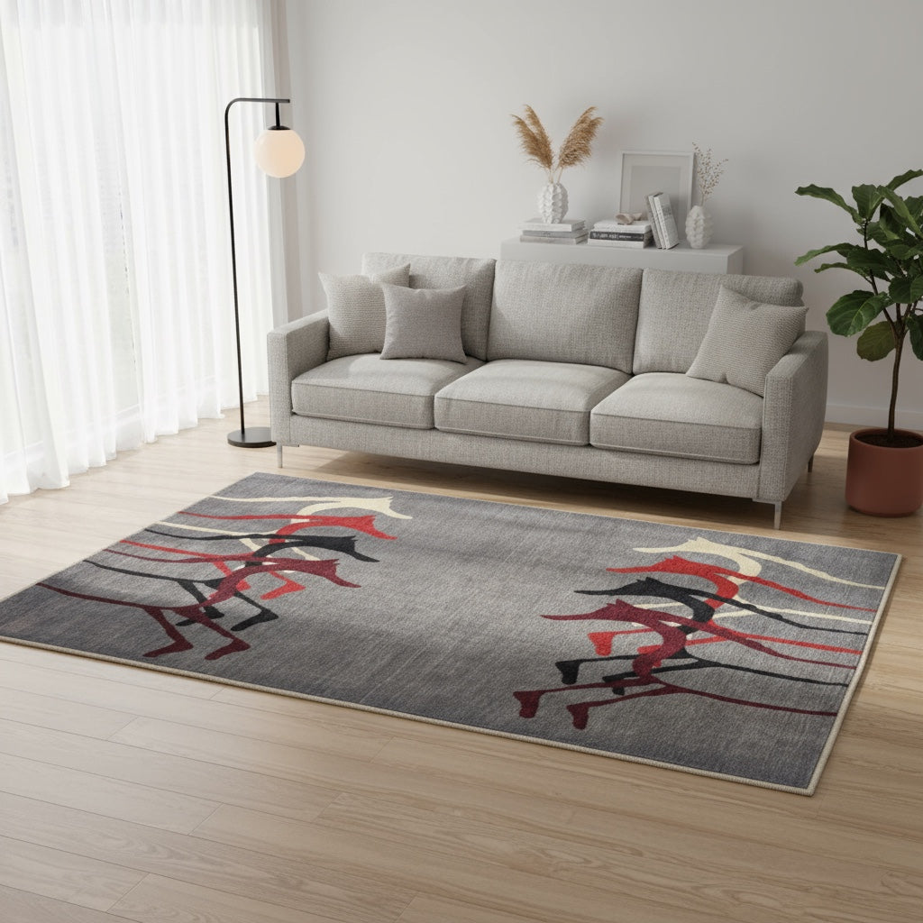 Tappeto moderno “Cavalli Preistorici” 240x280 cm di Dario, annodato a mano, cavalli stilizzati ispirati all’arte rupestre su fondo grigio, lana tinta vegetale, pezzo unico.