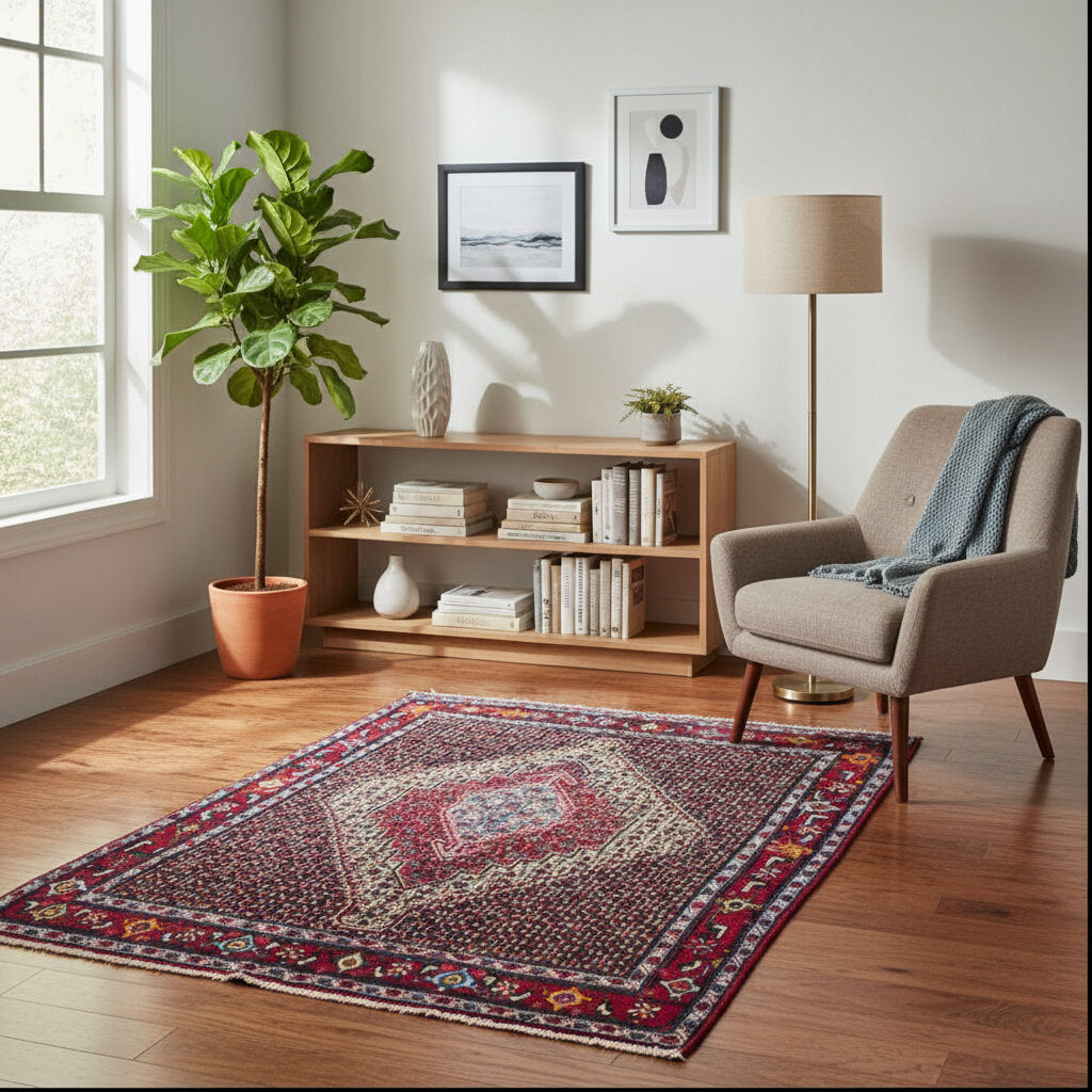 Tappeto Senneh persiano beige e rosso, annodato a mano in lana e cotone con medaglione geometrico e colori vegetali naturali.