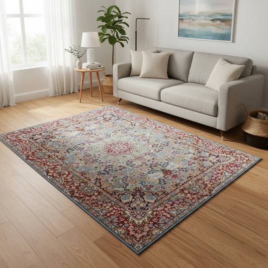 Tappeto Kerman annodato a mano, 206 x 151 cm, fondo azzurro cielo con disegno decorativo intricatamente dettagliato.