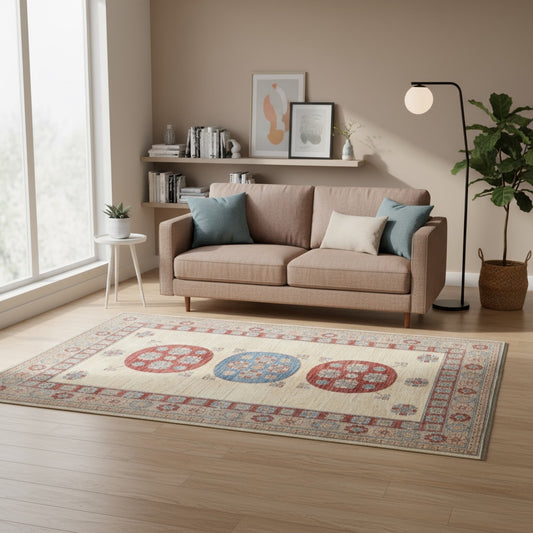 Tappeto Kazak rettangolare 200x146 cm, campo beige con motivo geometrico e cornice decorata, annodato a mano in lana e cotone con colori vegetali, provenienza Afghanistan.