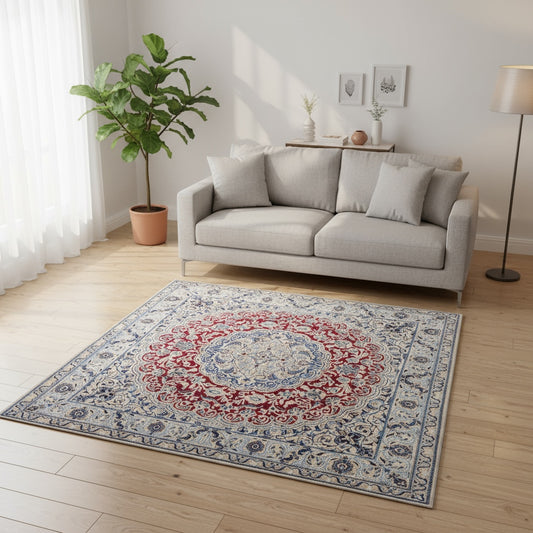 Tappeto Nain, annodato a mano, medaglione centrale con motivi floreali rossi, blu e beige. Provenienza Persia, certificato di autenticità incluso.