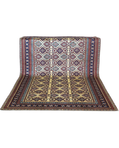 Tappeto Kilim moderno 228x204 cm con fondo chiaro e motivi astratti multicolori, tramato ed annodato a mano, provenienza Afghanistan.