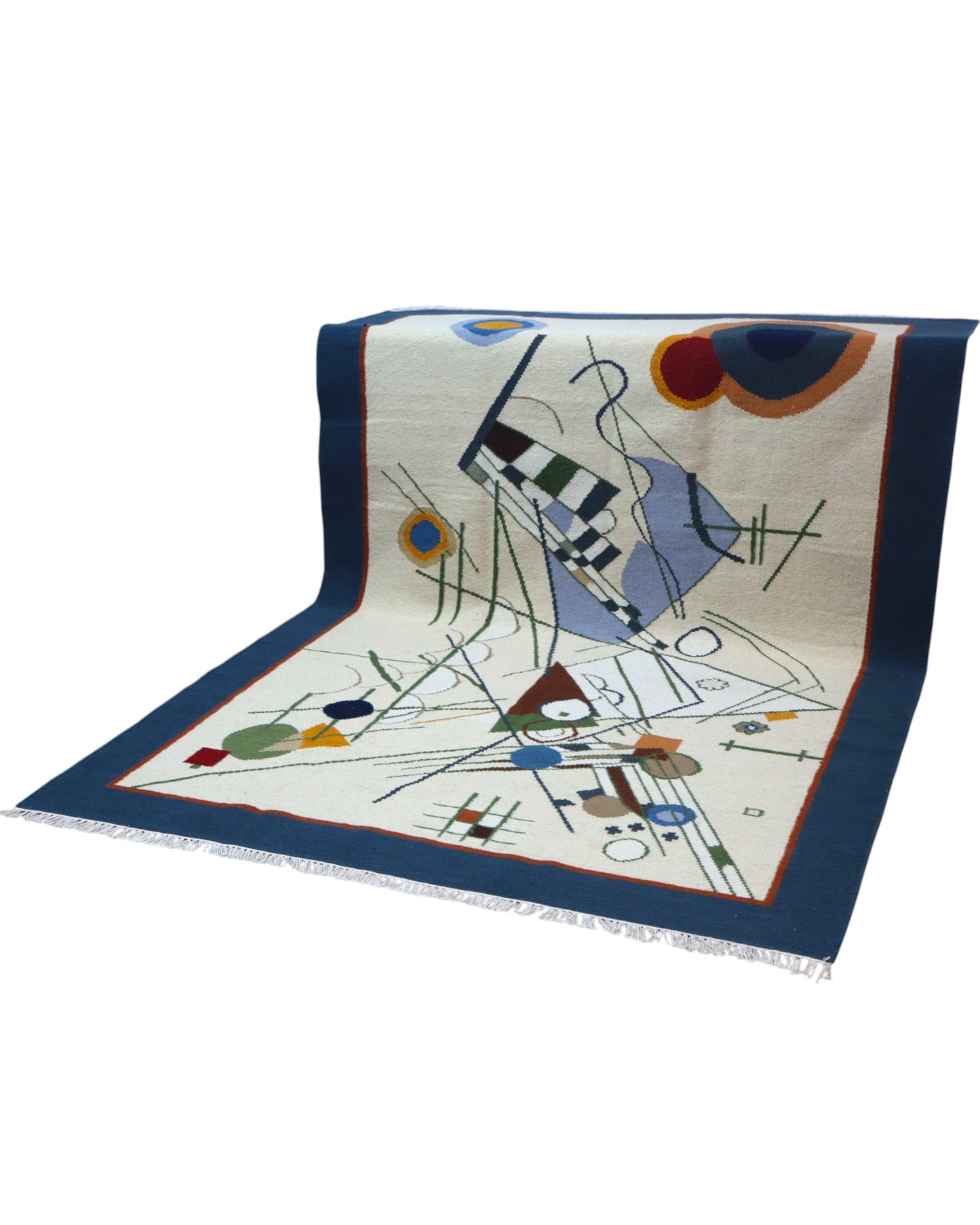 Tappeto Kilim moderno 228x204 cm con fondo chiaro e motivi astratti multicolori, tramato ed annodato a mano, provenienza Afghanistan.