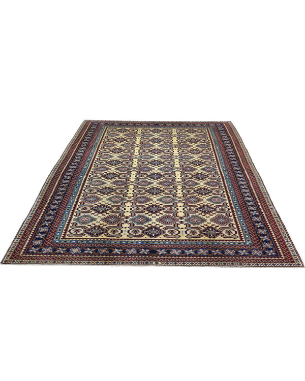 Tappeto Kilim moderno 228x204 cm con fondo chiaro e motivi astratti multicolori, tramato ed annodato a mano, provenienza Afghanistan.