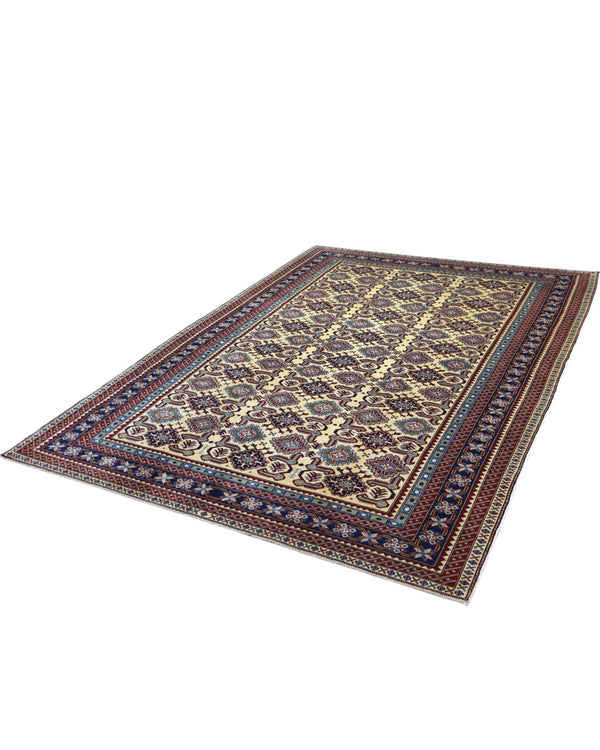 Tappeto Kilim moderno 228x204 cm con fondo chiaro e motivi astratti multicolori, tramato ed annodato a mano, provenienza Afghanistan.