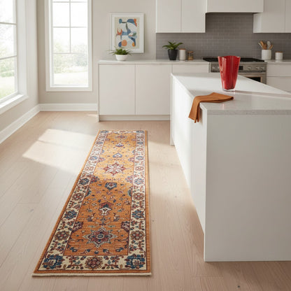 Tappeto Ziegler afgano, oro con cornice beige, annodato a mano, 306x83 cm.
