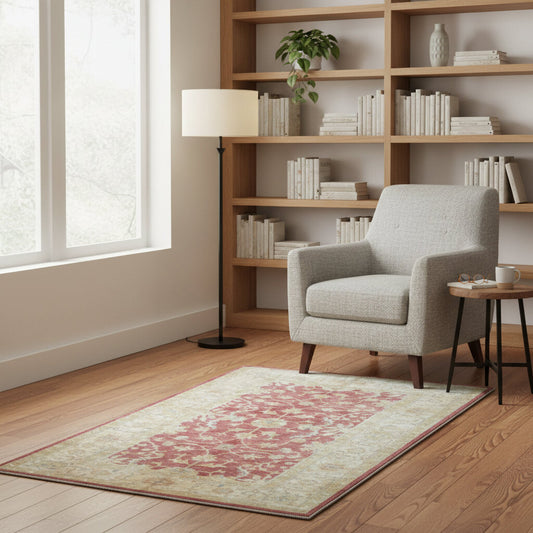 Tappeto Farahan Ziegler rosso con cornice beige e motivi floreali, annodato a mano in Afghanistan in lana e cotone con colori vegetali.