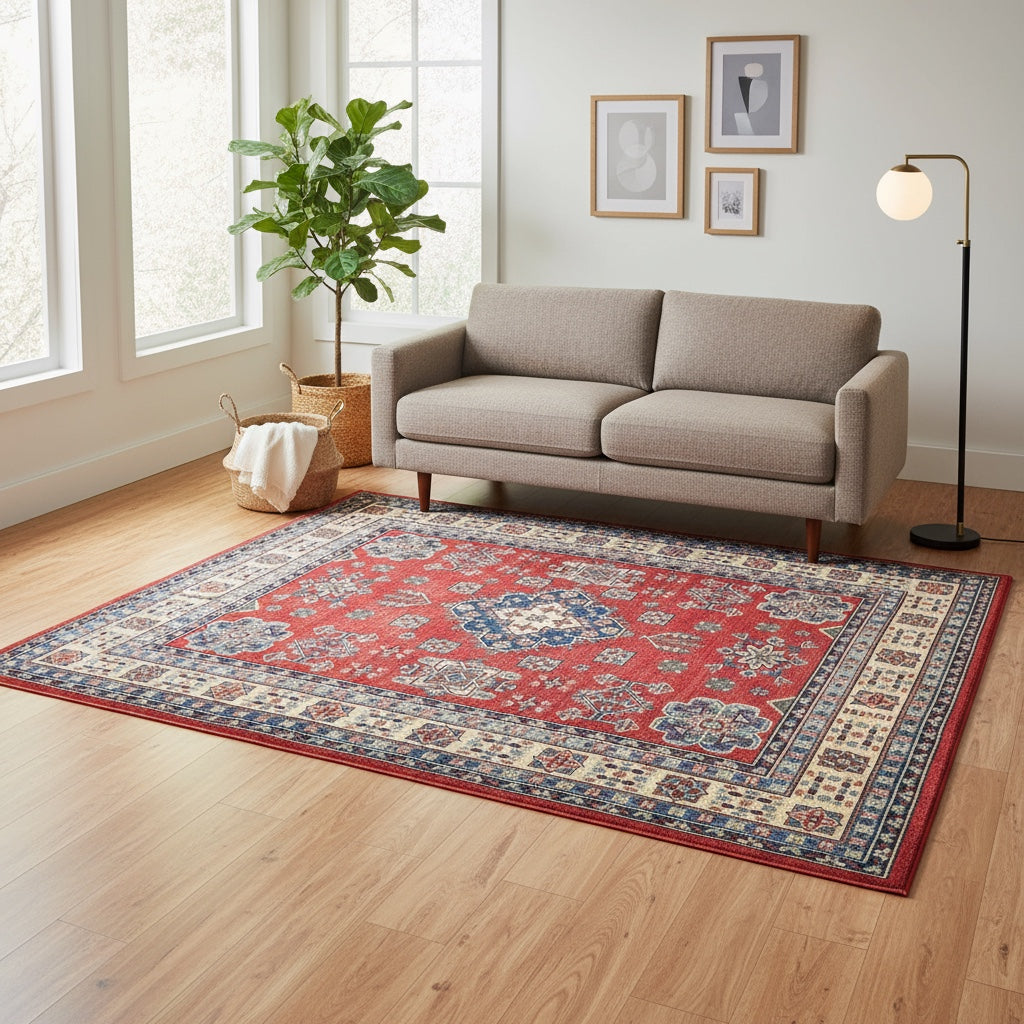 Tappeto Kazak rosso con cornice beige e motivi geometrici, annodato a mano in Afghanistan in pura lana tinta con colori vegetali.