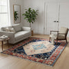 Tappeto Heriz persiano, geometrico, beige, blu notte e rosso mattone, 255x218 cm, annodato a mano.