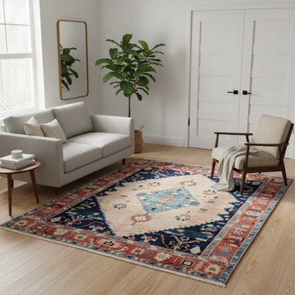 Tappeto Heriz persiano, geometrico, beige, blu notte e rosso mattone, 255x218 cm, annodato a mano.