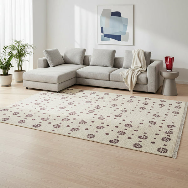 "Tappeto Moderno beige con piccoli motivi floreali marrone scuro, 286x195 cm."