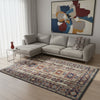 Tappeto Kazak 285x222 cm con fondo chiaro, motivi geometrici multicolore e bordure ricche, tramato ed annodato a mano, provenienza Caucaso.