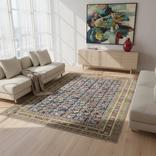 "Tappeto Ardebil persiano blu con motivi floreali e animali, 300x200 cm."