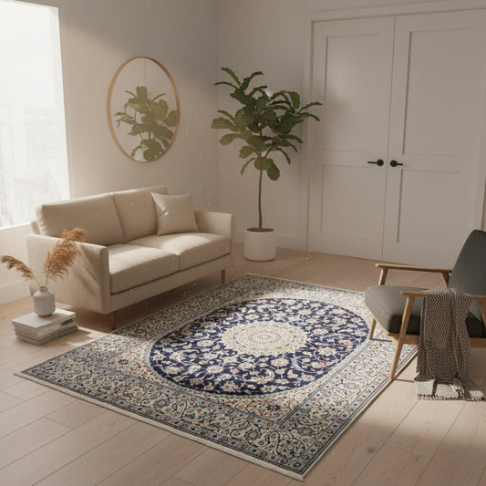 "Tappeto Nain persiano annodato a mano blu e avorio con medaglione centrale, 255x199 cm.