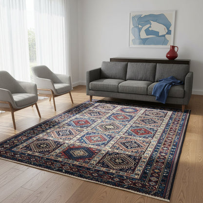 Tappeto Yalame 305x212 cm, fondo blu con riquadri geometrici e dettagli rossi e avorio, annodato a mano, certificato incluso.