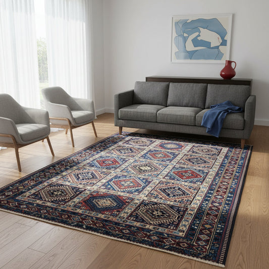 Tappeto Yalame 305x212 cm, fondo blu con riquadri geometrici e dettagli rossi e avorio, annodato a mano, certificato incluso.