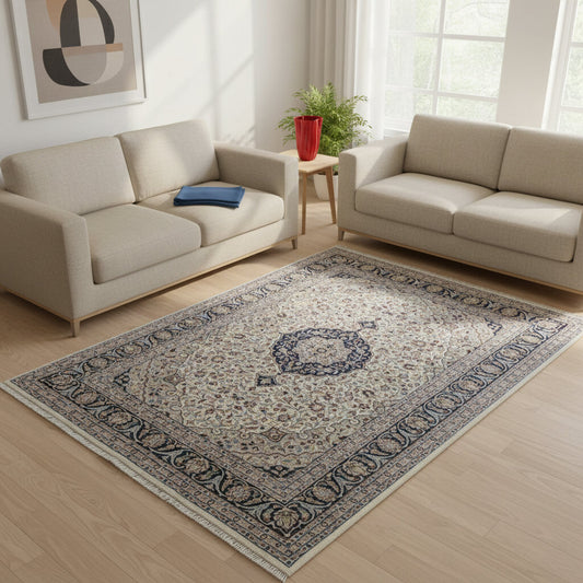 "Tappeto Kashmir avorio e blu con medaglione centrale, 278x187 cm."