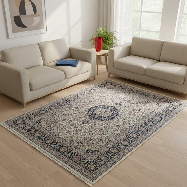 "Tappeto Kashmir avorio e blu con medaglione centrale, 278x187 cm."