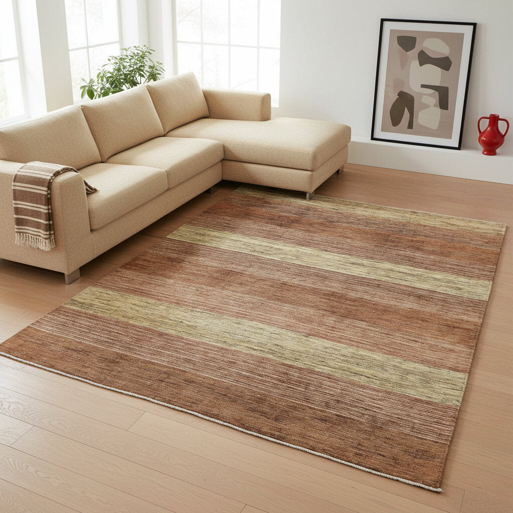 Tappeto moderno 297x196 cm Persia, disegno a fasce orizzontali nei toni marrone e beige, annodato a mano.